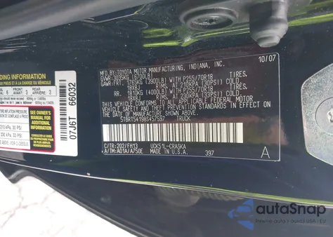 2008 Toyota Tundra 2Wd Truck Base 4.7L V8 (A5) из США, поврежденный, VIN 5TBRT54198S457597